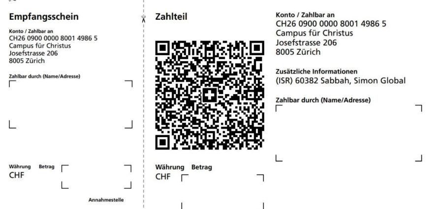 Swiss QR bill — Campus für Christus, IBAN CH26 0900 0000 8001 4986 5